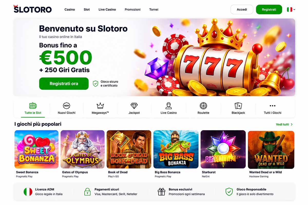 Esempio dell'interfaccia desktop di Slotoro con menu, giochi e area promozionale