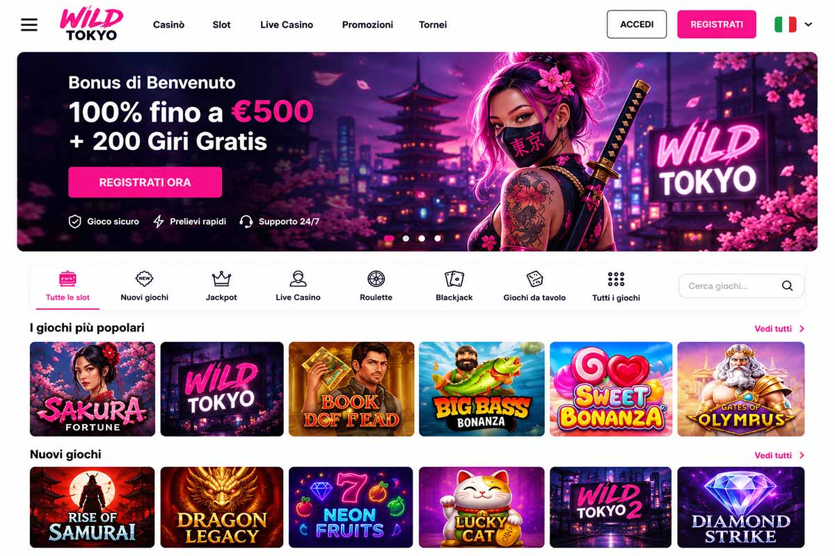 Esempio dell'interfaccia desktop di WildTokyo con catalogo di slot e navigazione